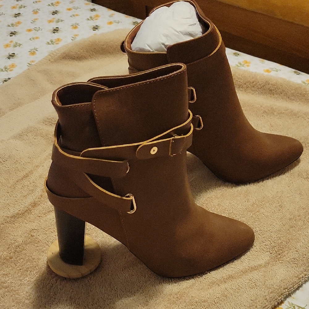 JustFab Brown Heeled Boots with Strap Detail